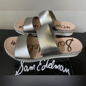 NEW! SAM EDELMAN Asha Slides, Pewter Metallic Leather Never Worn